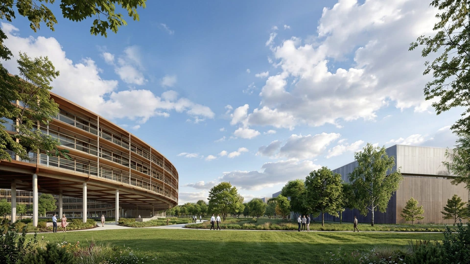 Design study of the Bosquel campus: lawns and trees between the curved living building and the supercomputer building.